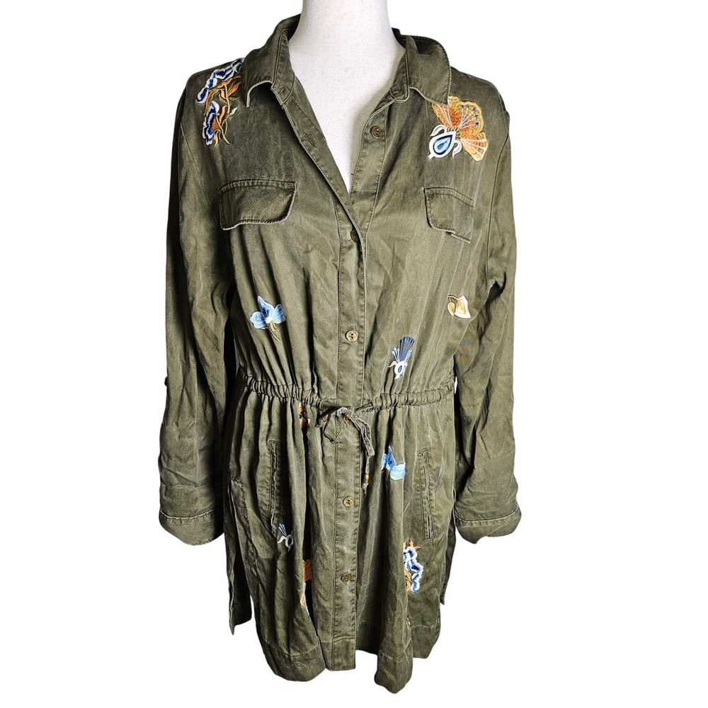 Chicos Olive Green Embroidered Utility Shirt Utility Jacket Drawstring Waist Lg